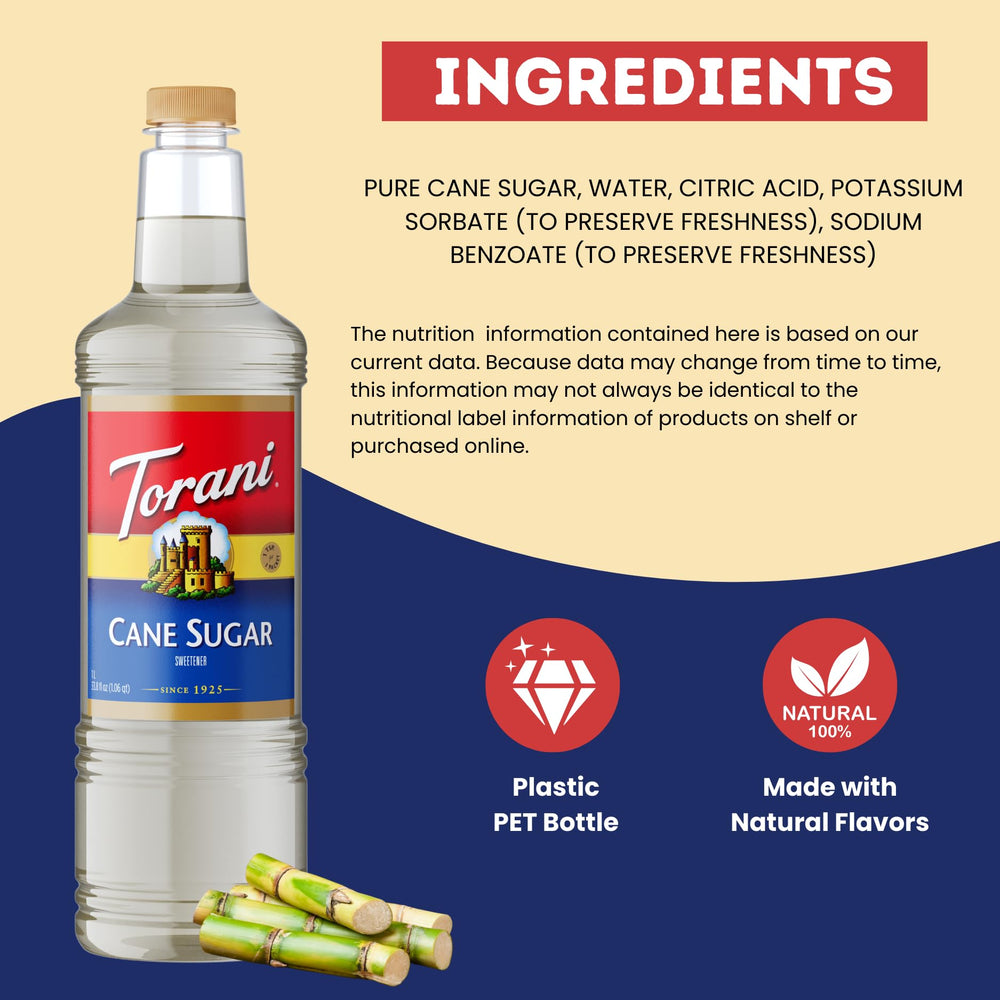 Torani bottle beside a cup to show 1L scale and value for busy service