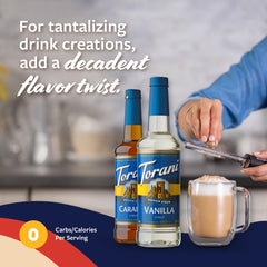 Torani bottles with pumps in use on counter, brand pumps ensure measured servings