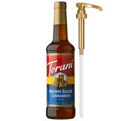 Torani brown sugar cinnamon front packaging showing bottle and pump for easy serving