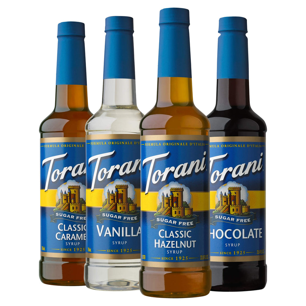 Torani variety pack front packaging showing four sugar free café flavors and convenience