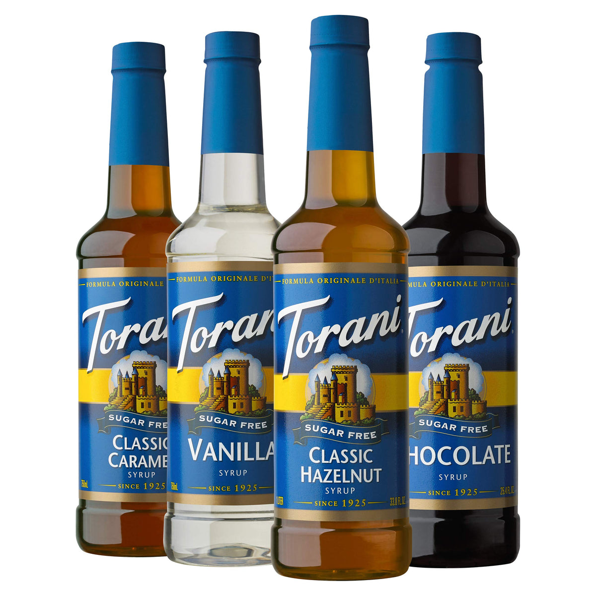 Torani variety pack front packaging showing four sugar free café flavors and convenience
