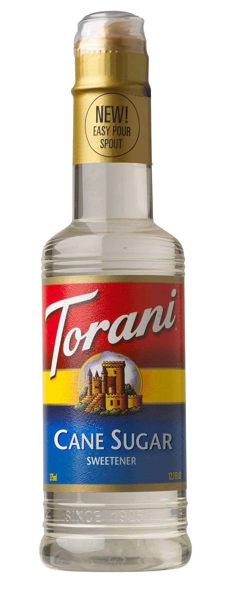 Torani bottle front view showing label and vibrant flavor, adding consistent sweetness