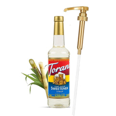 Torani bottle and Jimoco pump front view showing neat dispensing benefit