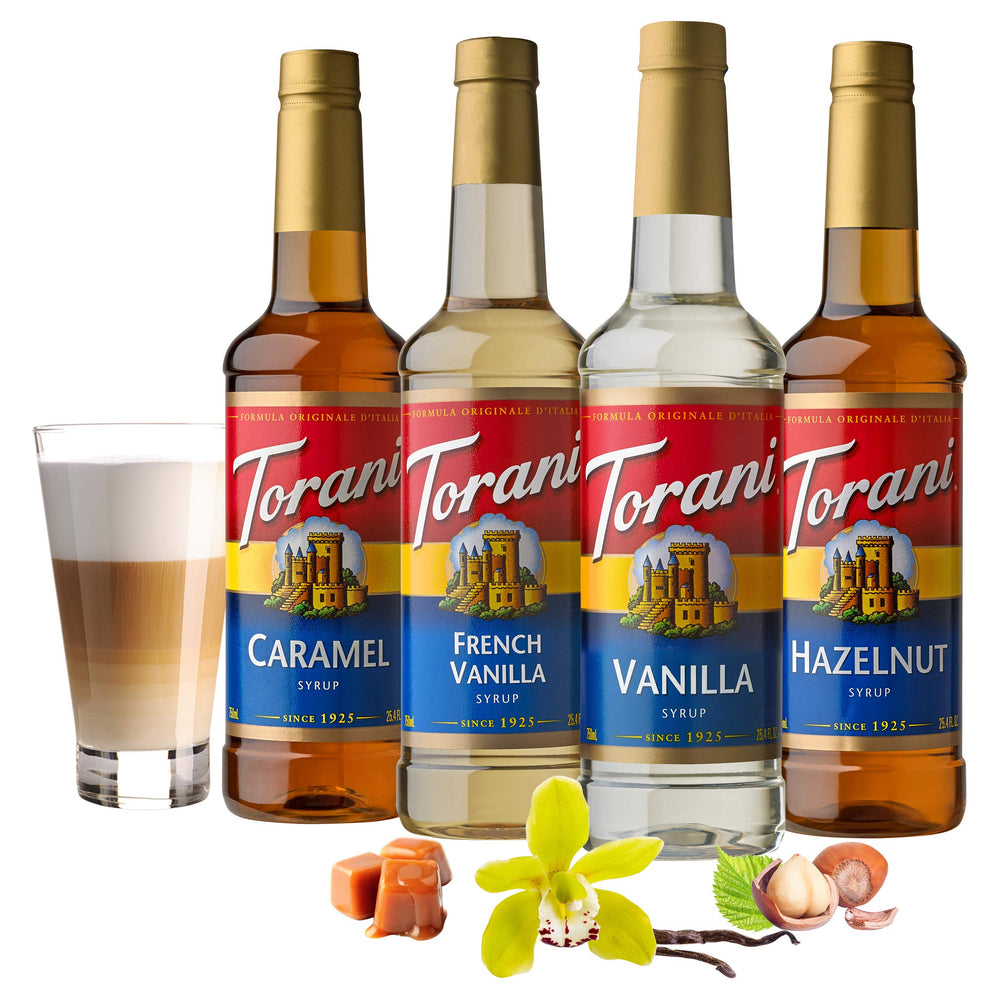 Torani Caramel bottle closeup highlighting label and pour spout for easy measured use