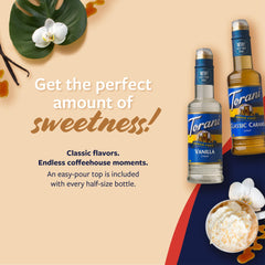 Torani caramel close detail highlighting label and rich caramel notes for desserts