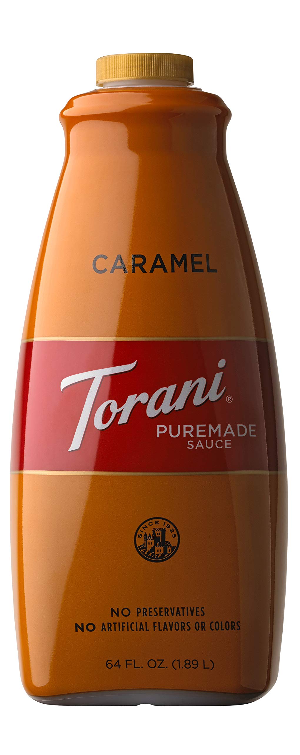 Torani caramel sauce front view showing rich caramel for coffee and desserts