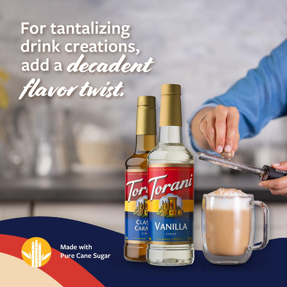 Torani caramel syrup pouring into a cup showing rich color and smooth texture
