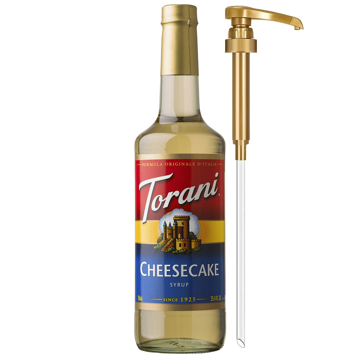 Torani cheesecake front packaging showing bottle and pump for easy portioning