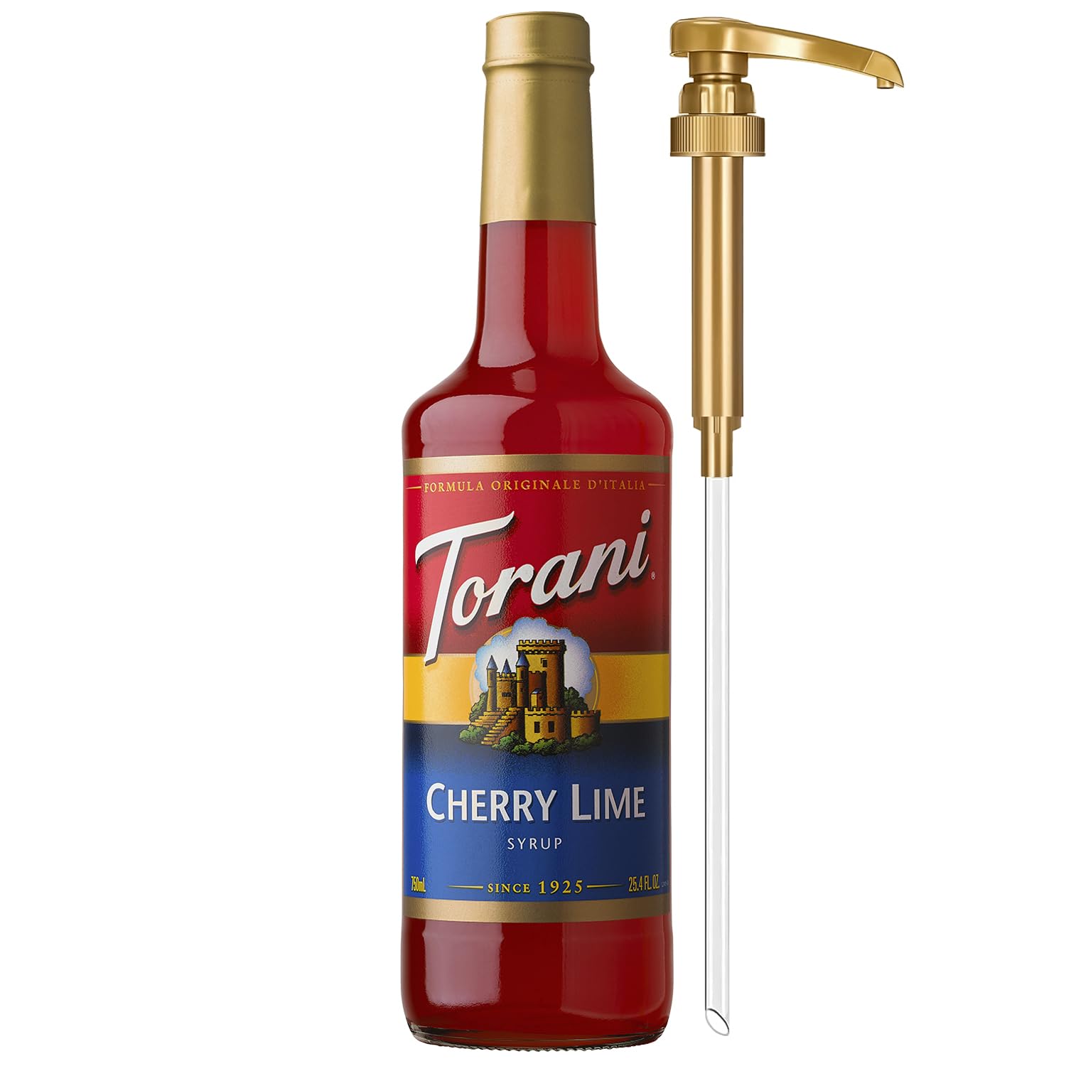 Torani bottle front view showing label and included pump for easy flavoring
