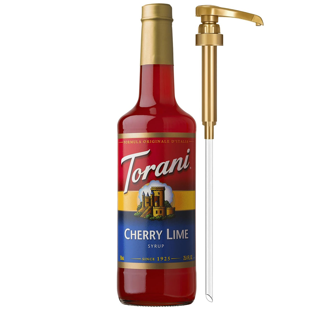 Torani bottle front view showing label and included pump for easy flavoring
