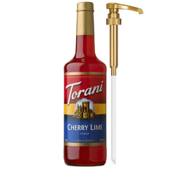 Torani bottle front view showing label and included pump for easy flavoring