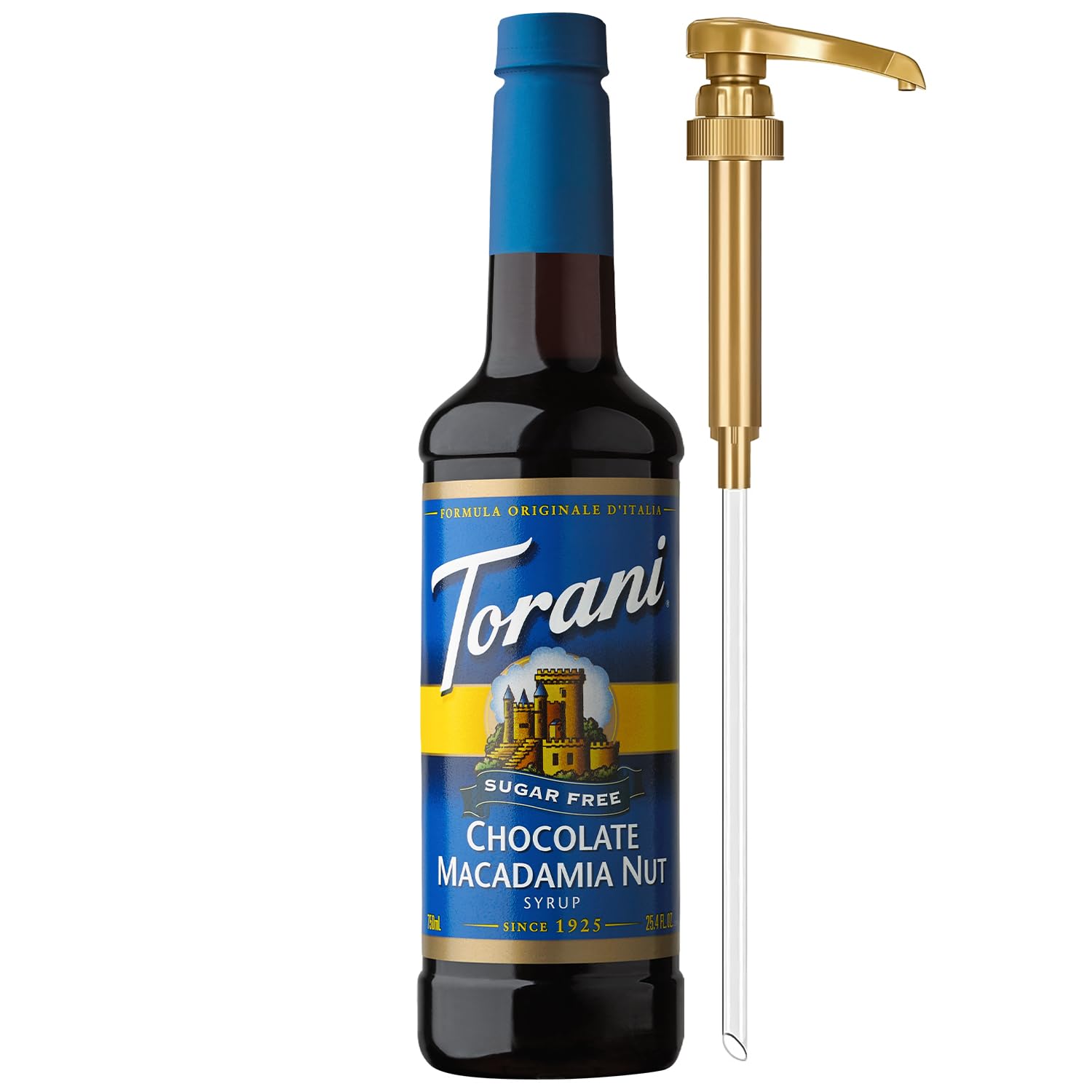 Torani bottle front packaging showing flavor and zero calorie benefit