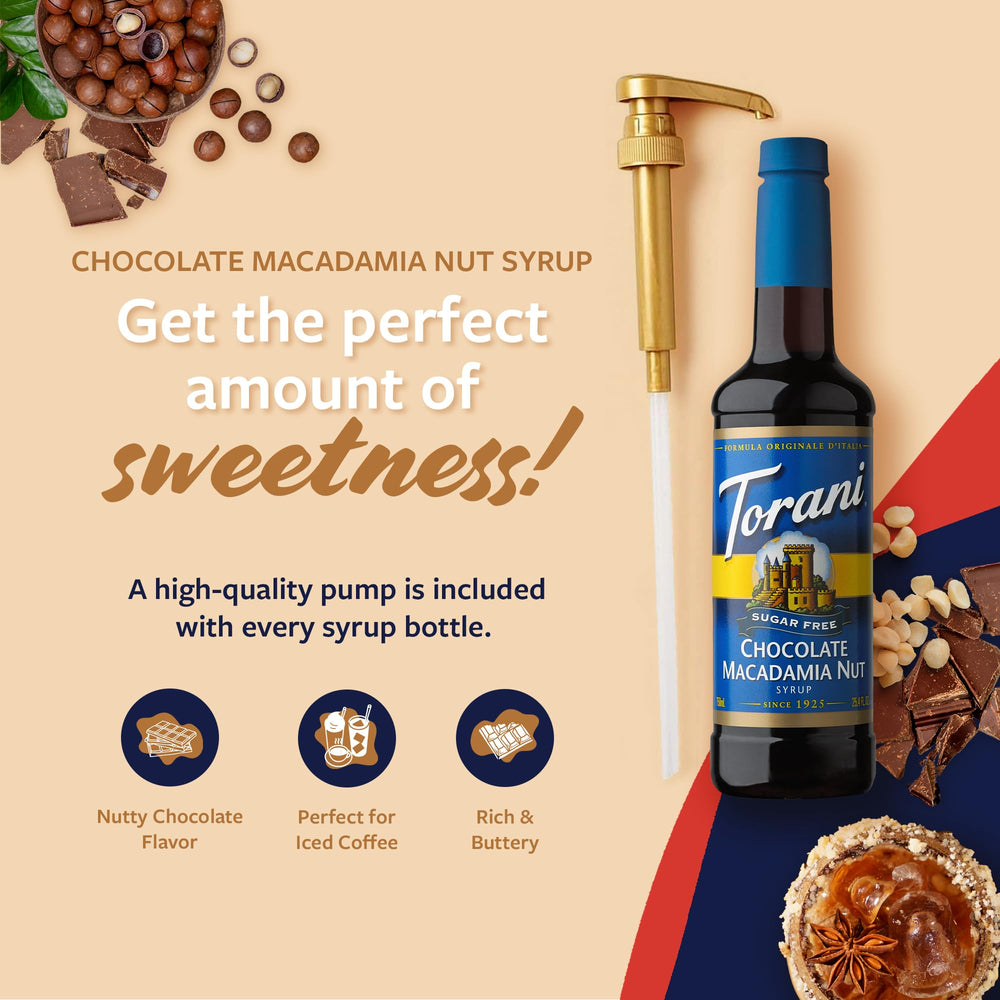Torani syrup being poured into coffee for rich chocolate macadamia taste
