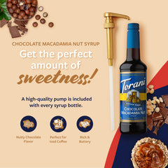 Torani syrup being poured into coffee for rich chocolate macadamia taste