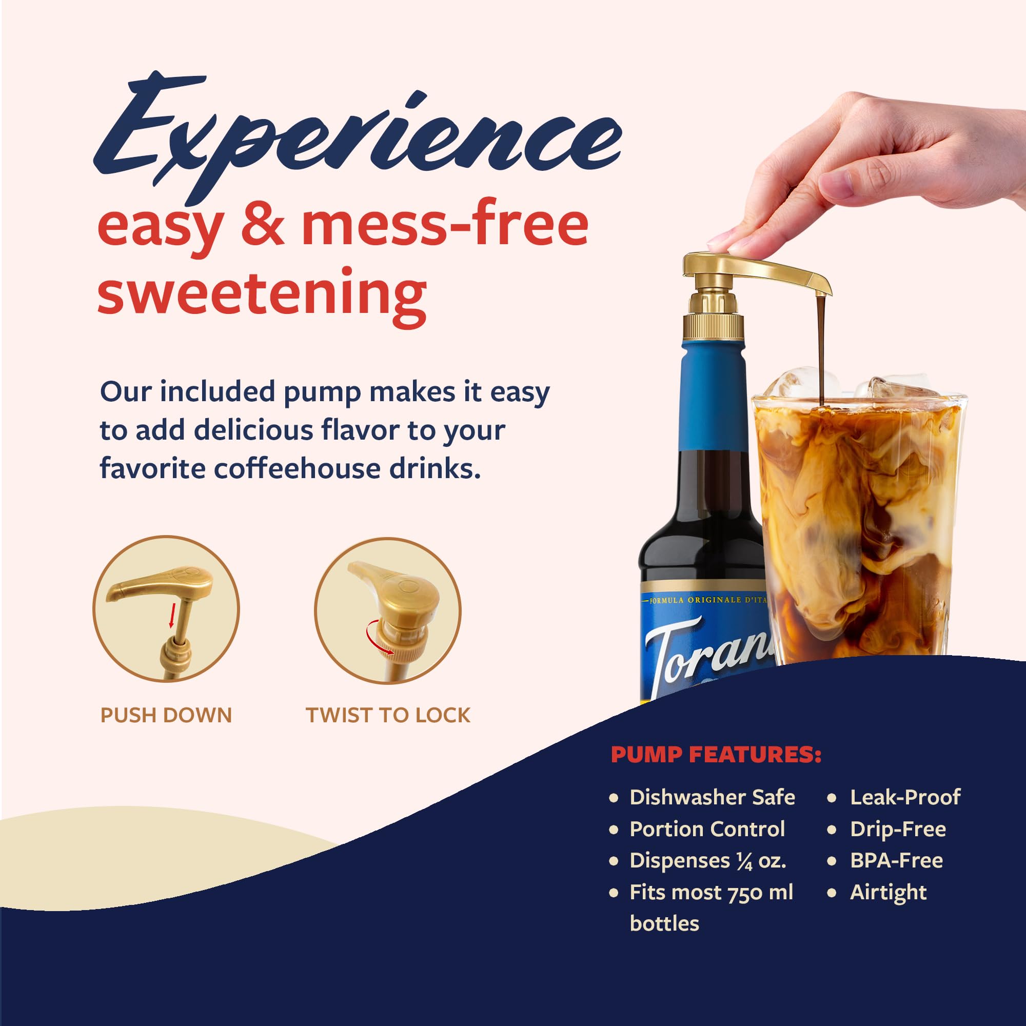 Bottle next to cup demonstrating Torani size and refill convenience