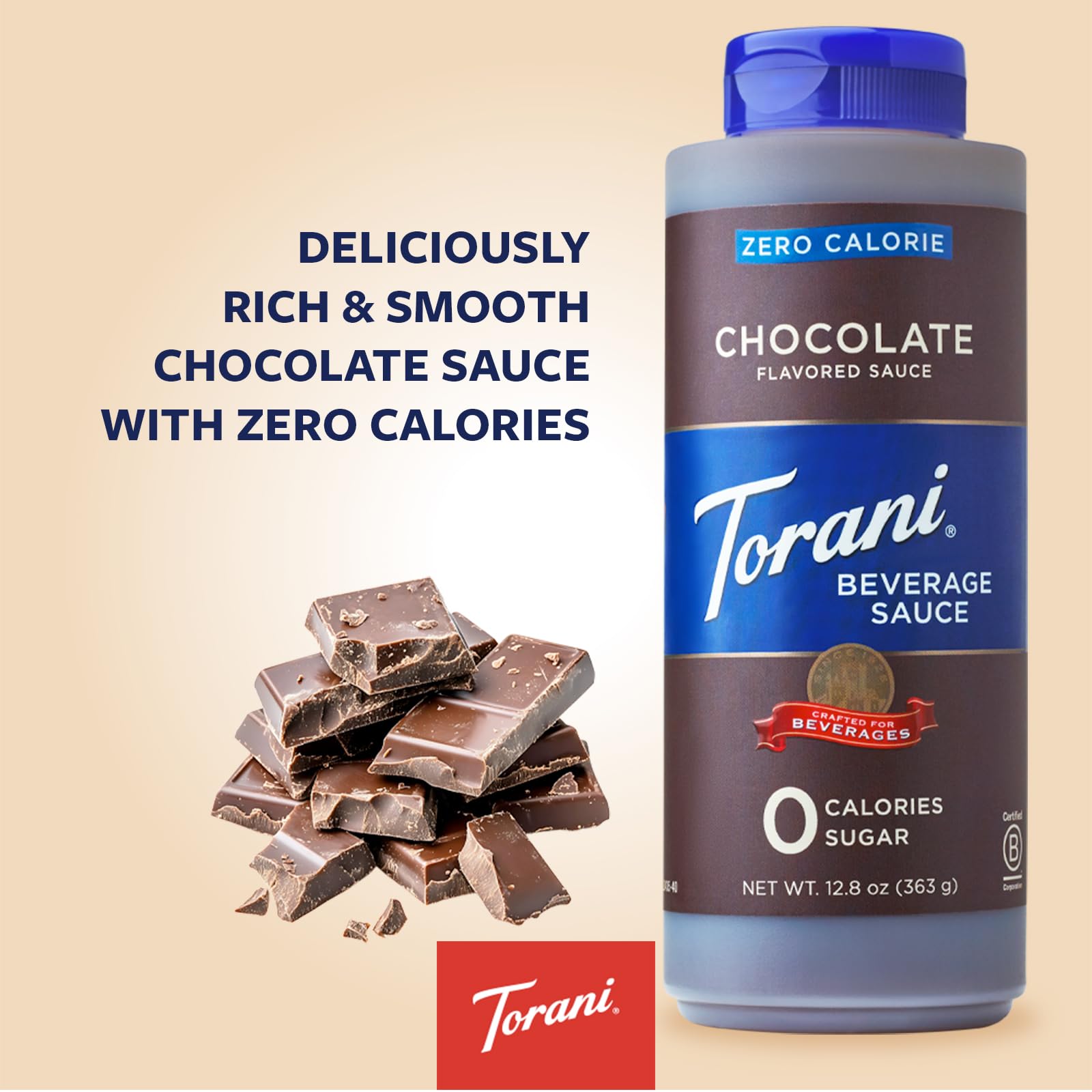 Torani chocolate sauce close-up drizzle highlighting smooth texture and dessert appeal