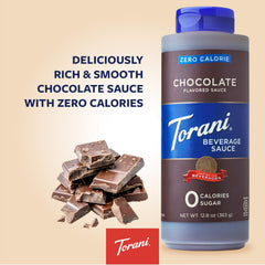 Torani chocolate sauce close-up drizzle highlighting smooth texture and dessert appeal