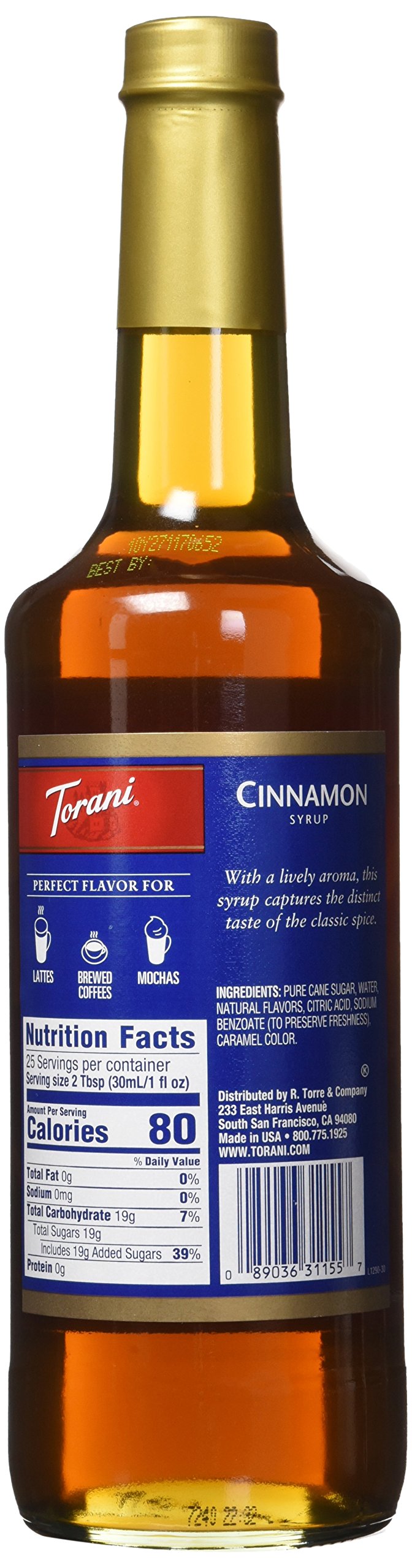 Torani cinnamon syrup pouring into latte, adds warm cassia flavor and smooth sweetness