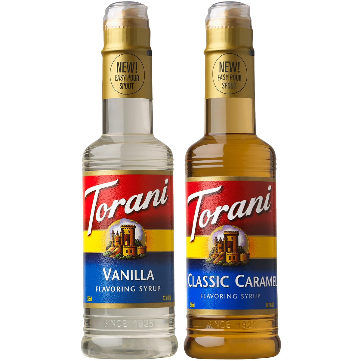 Torani front packaging showing both caramel and vanilla bottles and brand appeal