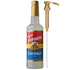 Torani coconut front label showing brand and size for easy identification and menu use