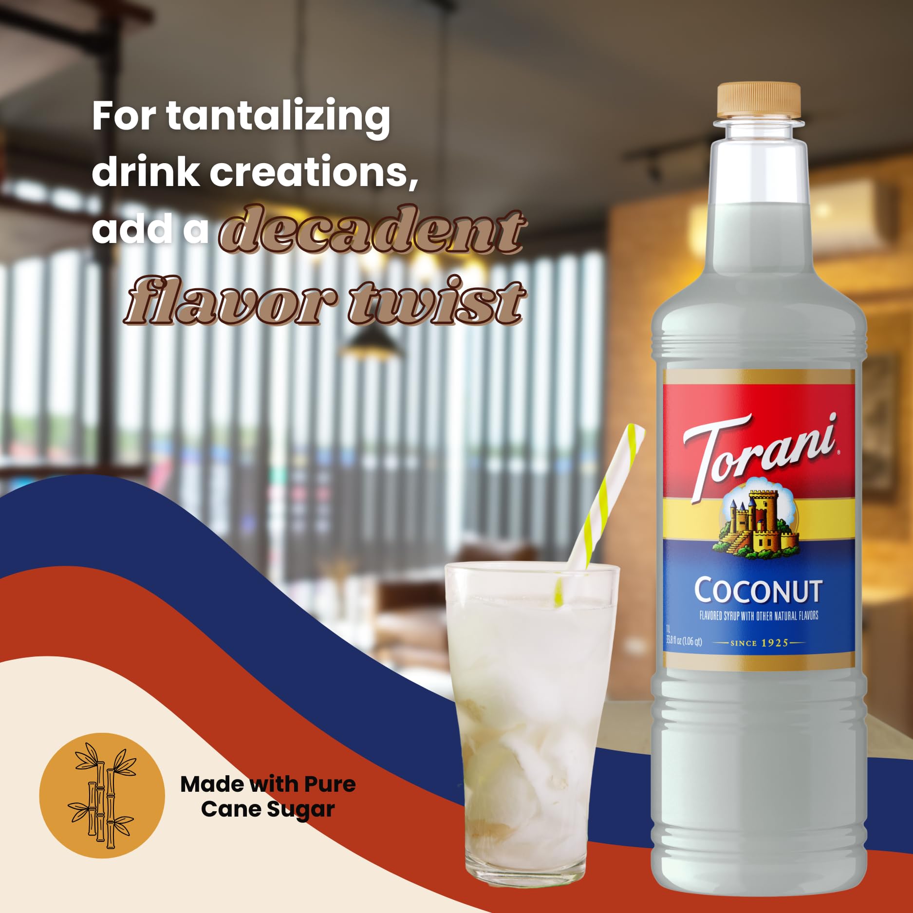 Torani 1L bottle beside common items to show practical size and value
