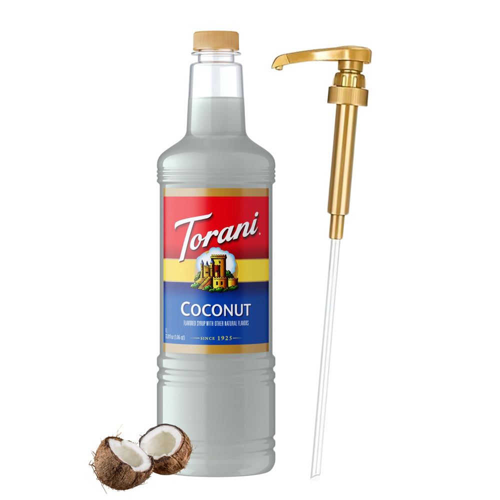 Torani coconut syrup front label showing brand and tropical flavor benefit