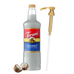 Torani coconut syrup front label showing brand and tropical flavor benefit