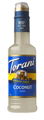 Torani coconut syrup front view showing bottle label and volume, highlights convenience