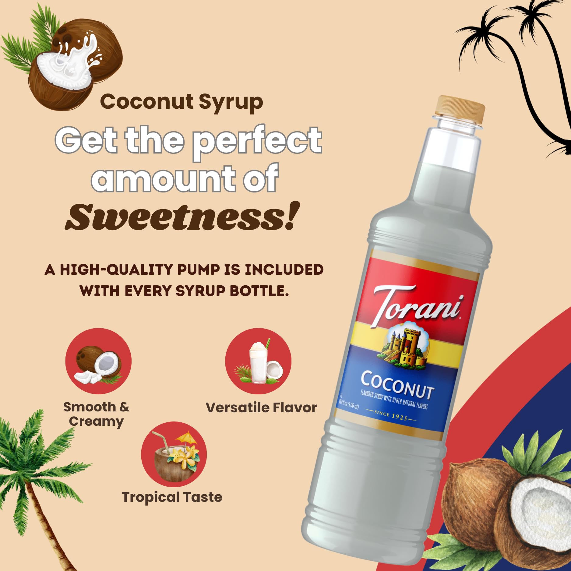 Drizzling Torani coconut syrup over vanilla ice cream for tropical sweetness