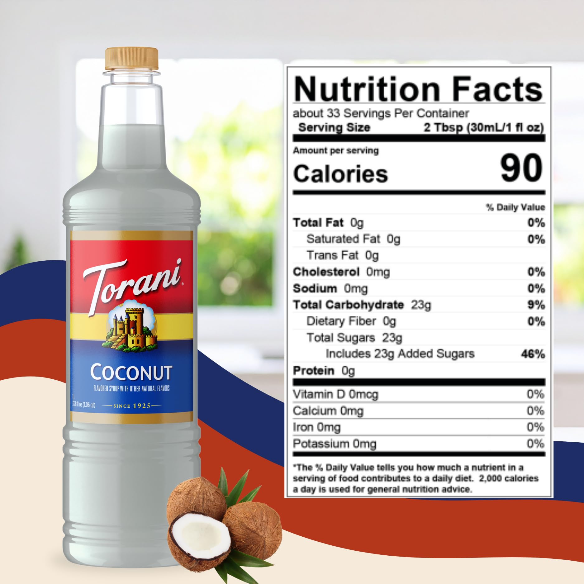 Close-up of Torani coconut syrup ingredient list highlighting premium quality