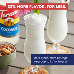 Torani coconut syrup being poured into iced coffee adding creamy coconut