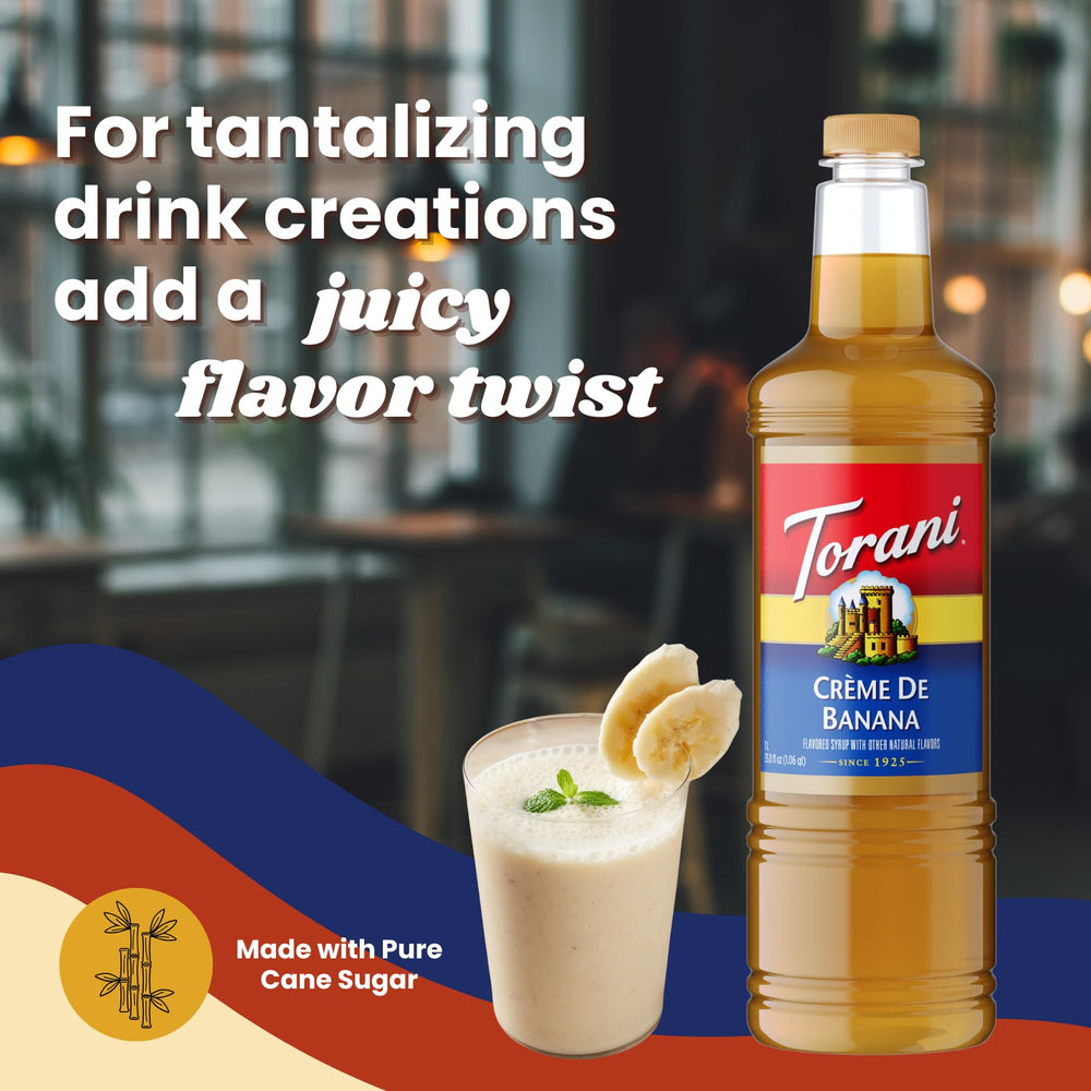 Torani 1L bottle next to a hand to show scale and long-lasting supply