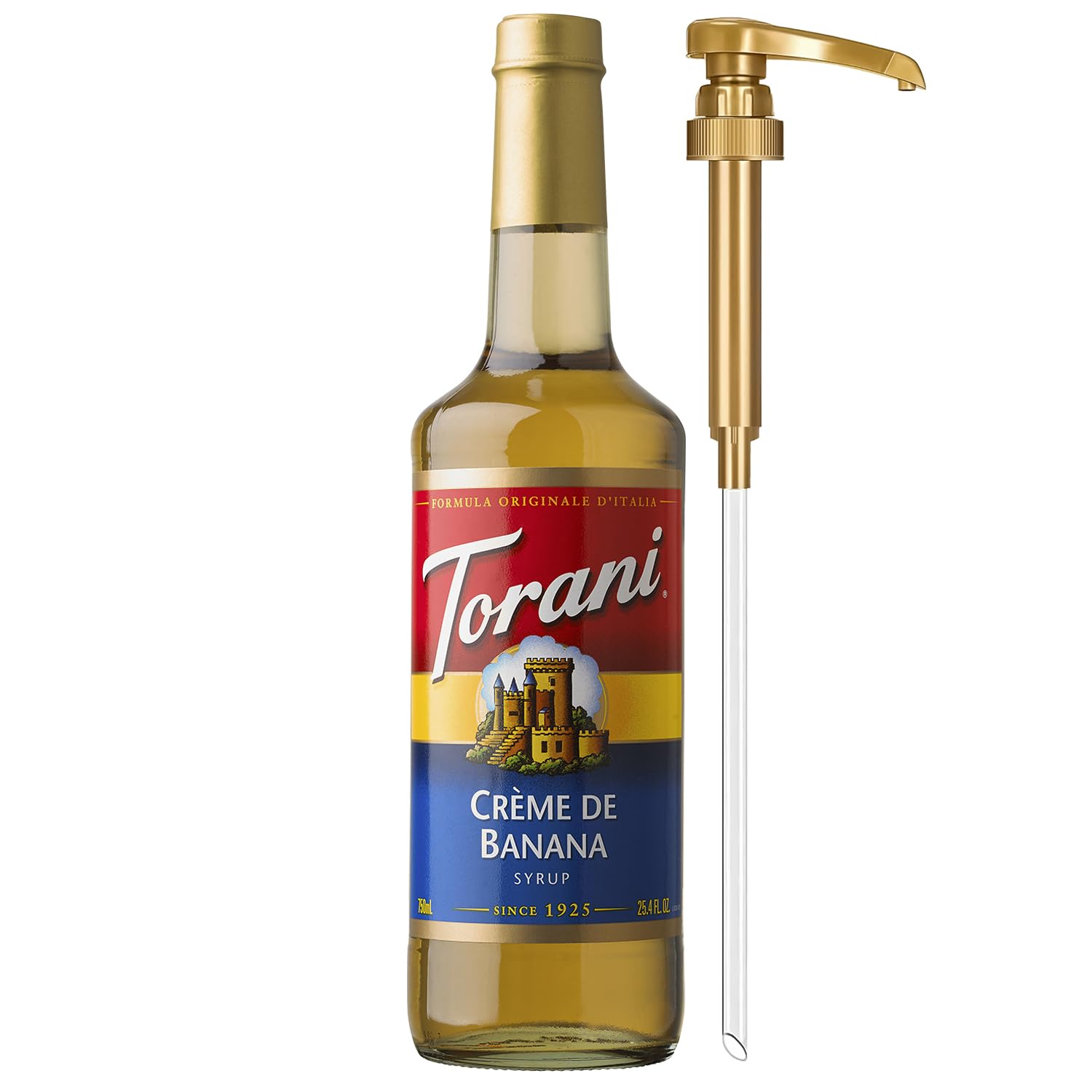 Torani bottle front view showing Crème de Banana flavor and pump for easy use