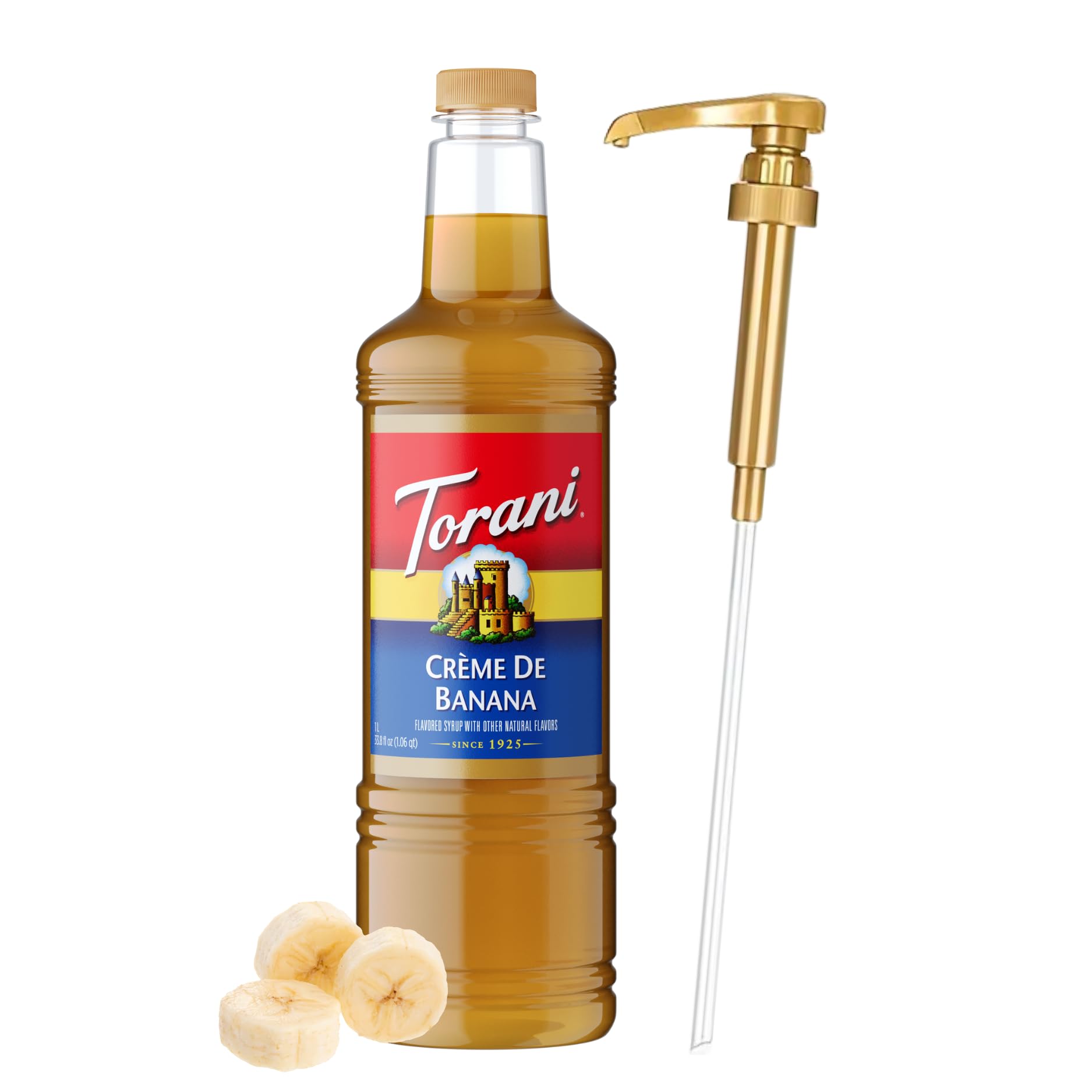 Torani bottle front label showing Crème De Banana and size benefit
