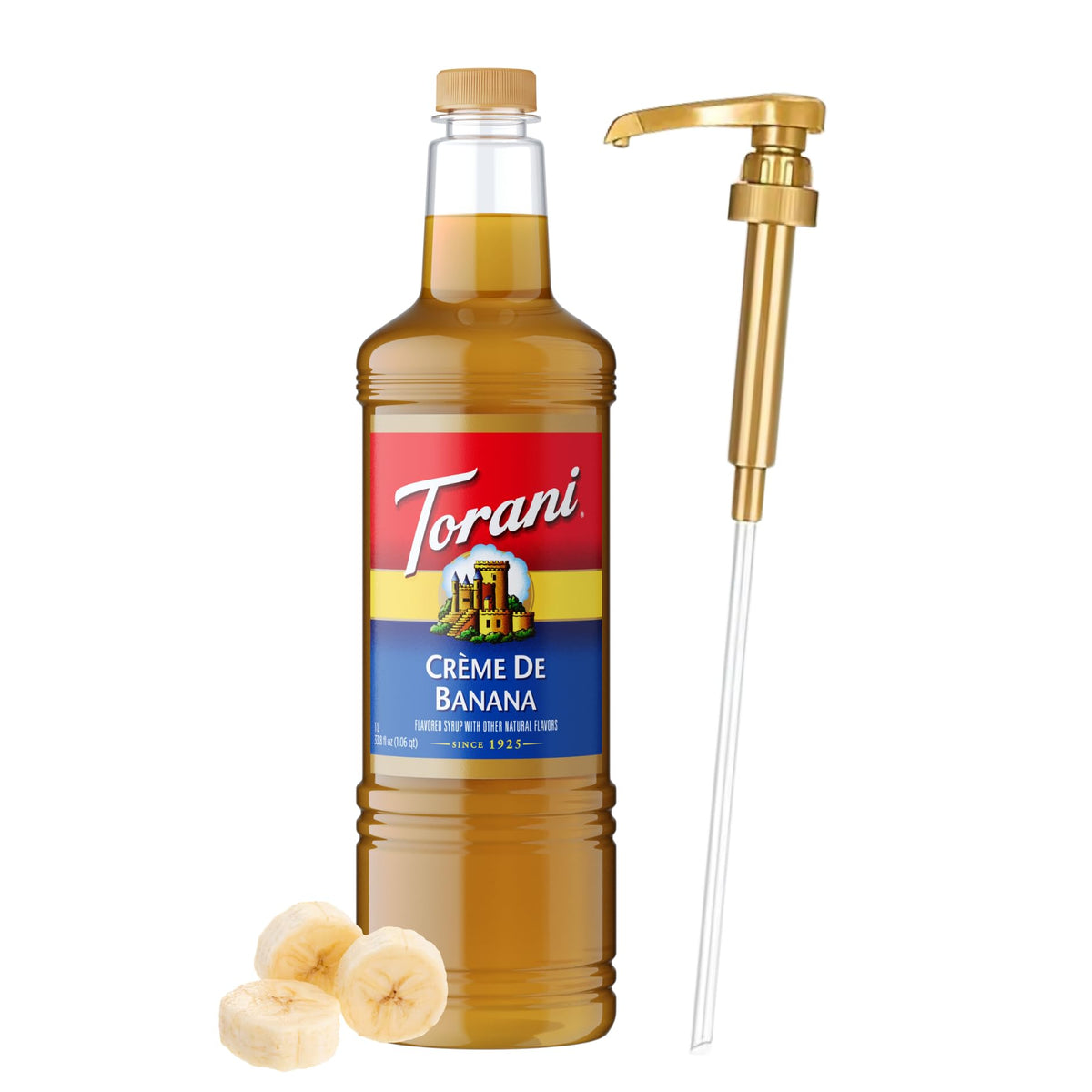 Torani bottle front label showing Crème De Banana and size benefit