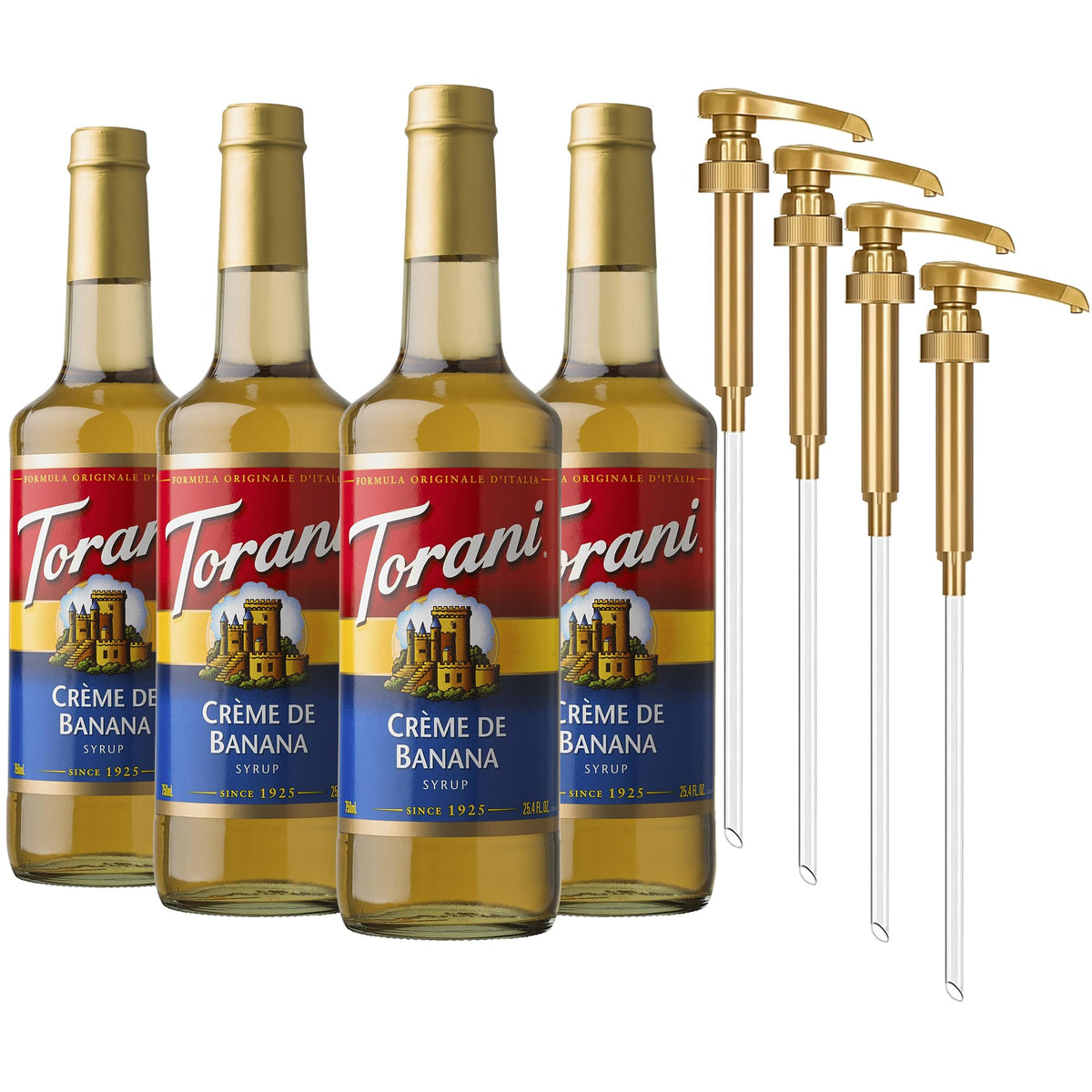 Torani bottle front packaging showing label and four-pack convenience