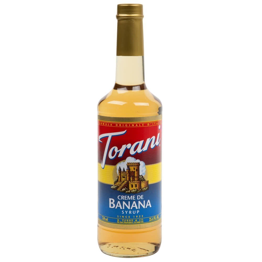 Torani bottle front label showing creme de banana and serving suggestion benefit