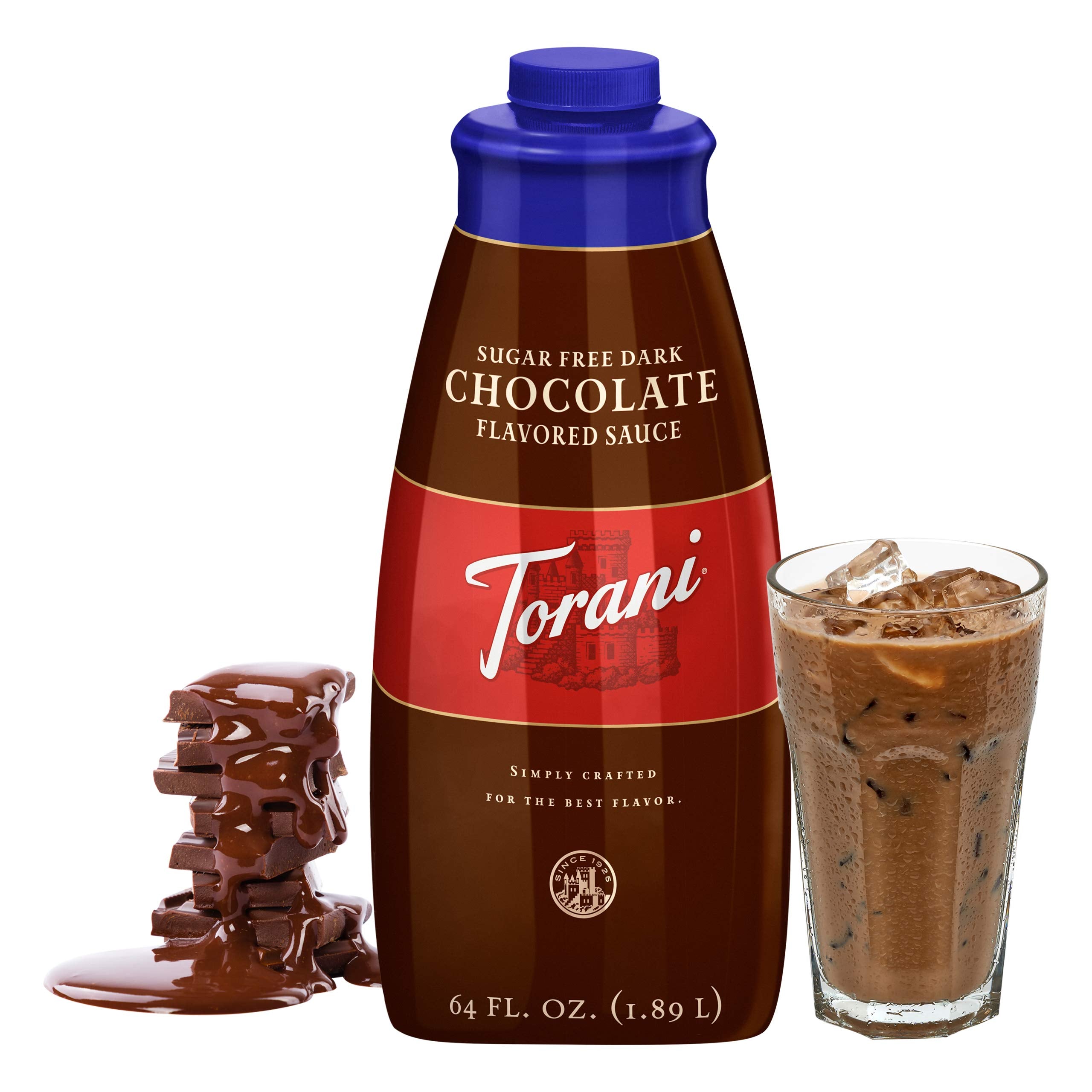 Torani sauce texture close-up highlighting thick pourable dark chocolate consistency
