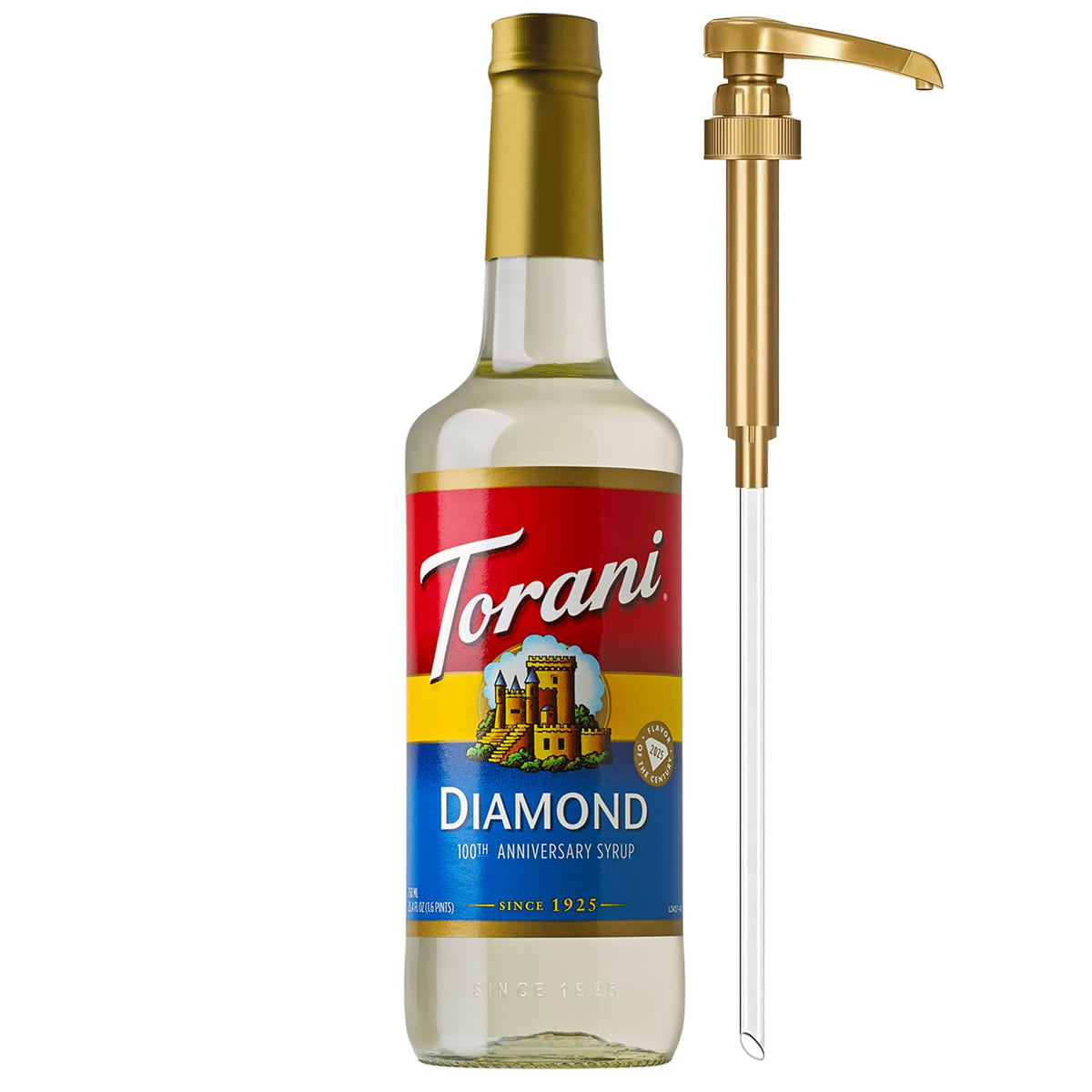 Torani Diamond front packaging in glass bottle showing product and pump benefit serveability