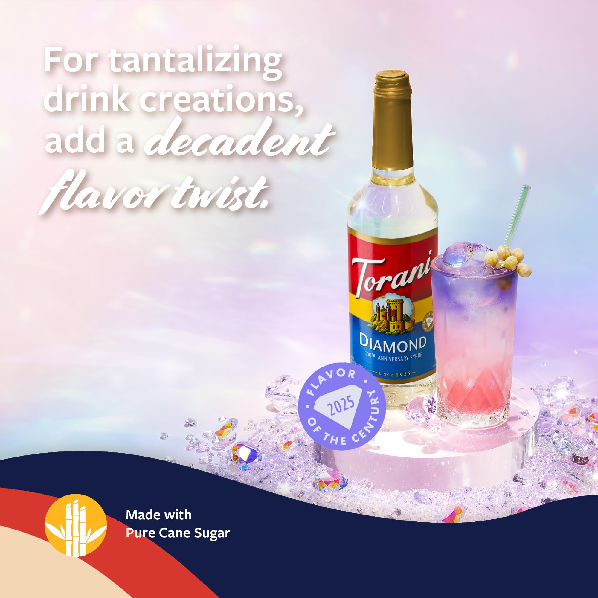 Torani Diamond mixed into sparkling water creating bright bubbly drinks quickly