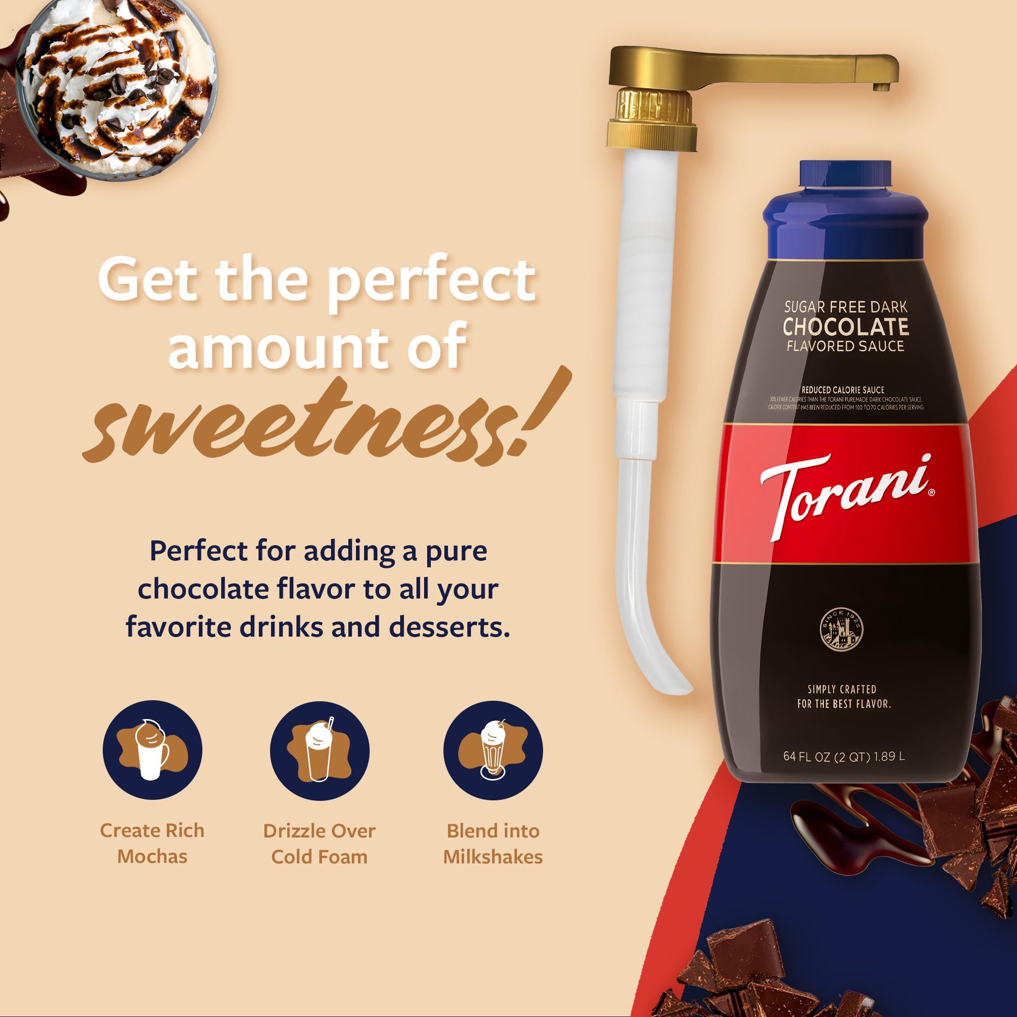 Torani sugar free dark chocolate sauce drizzling over latte adds rich flavor