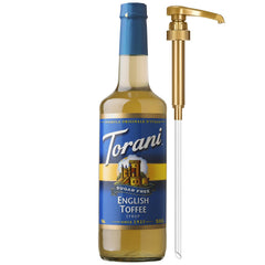 Torani English Toffee front packaging showing glass bottle and pump benefit quick dispensing
