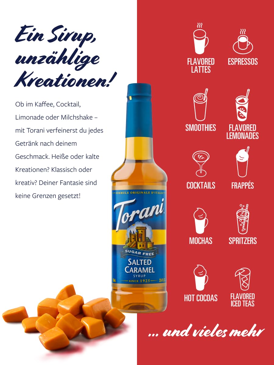 Torani added to foamy latte creating caramel swirl and enhanced taste