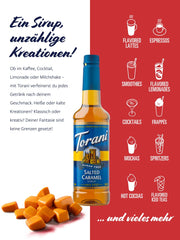 Torani added to foamy latte creating caramel swirl and enhanced taste