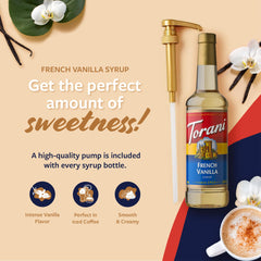 Close-up of Torani label highlighting natural flavors and pure cane sugar benefit