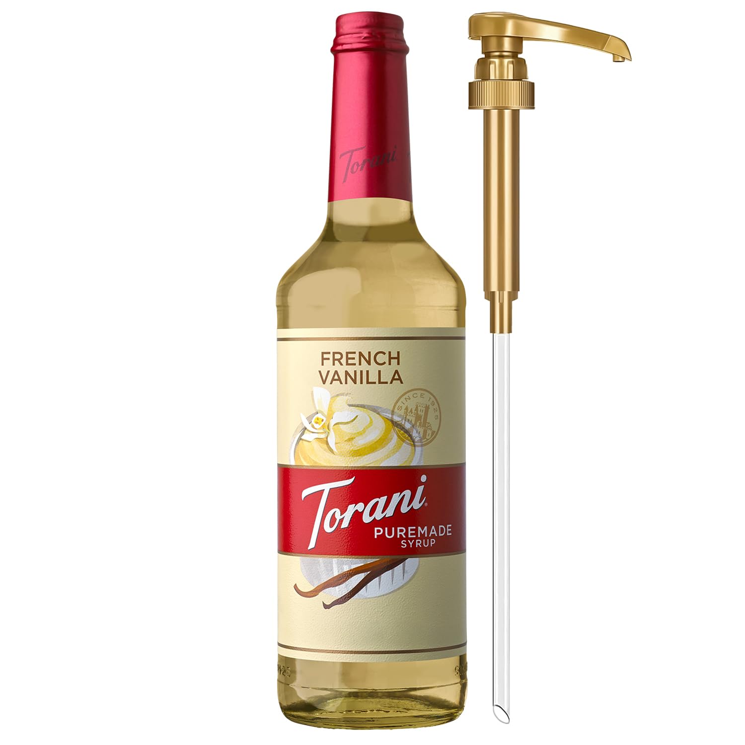Torani bottle front packaging showing French Vanilla flavor and brand benefits