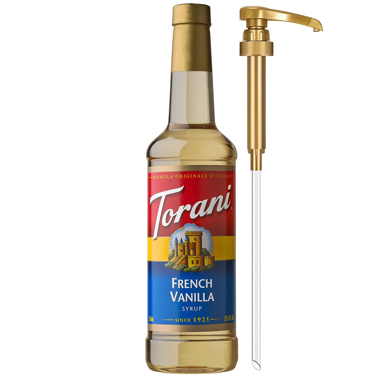 Torani bottle front packaging showing French Vanilla flavor and 25.4 fl oz size for convenience