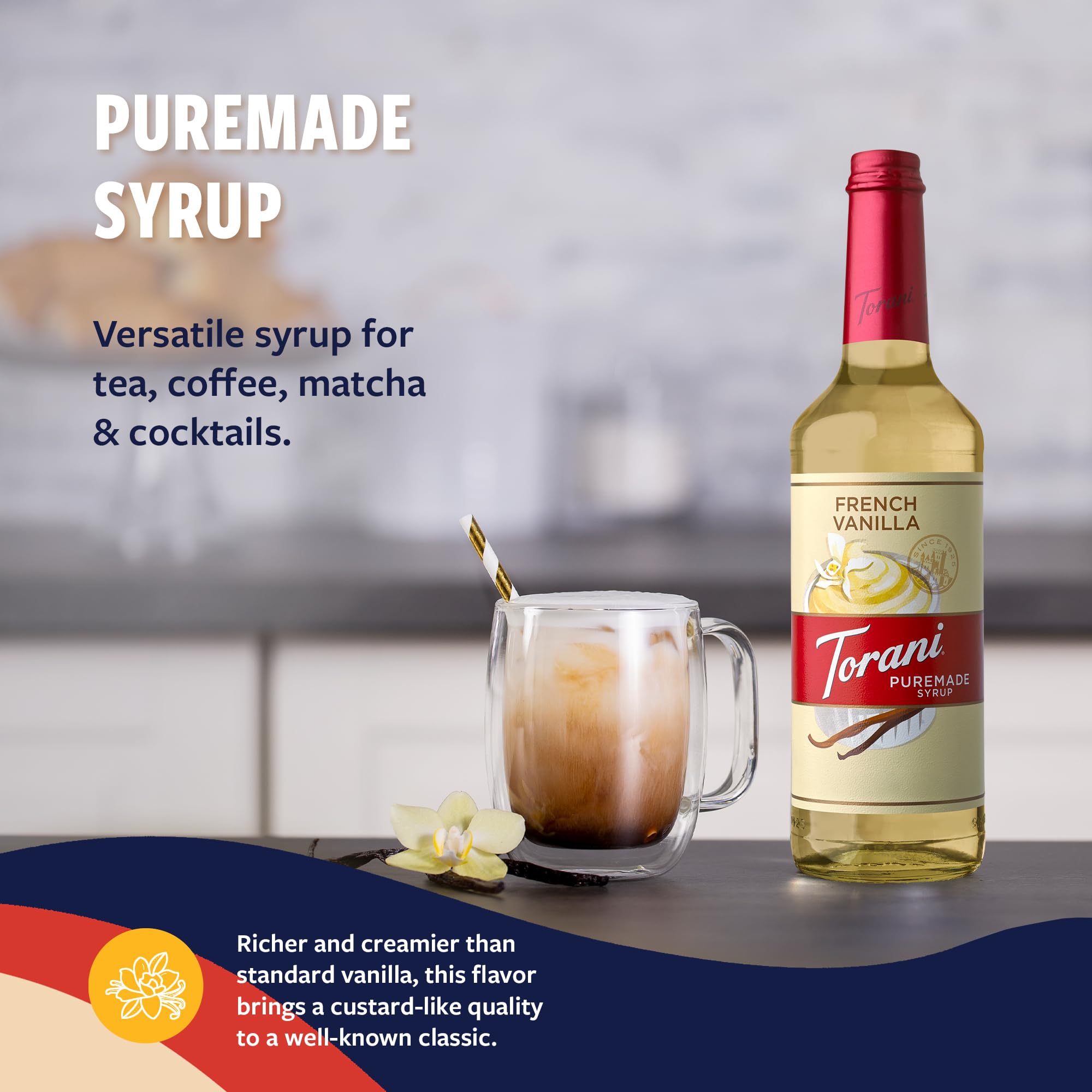 Torani French Vanilla poured into a latte adding creamy flavor and aroma