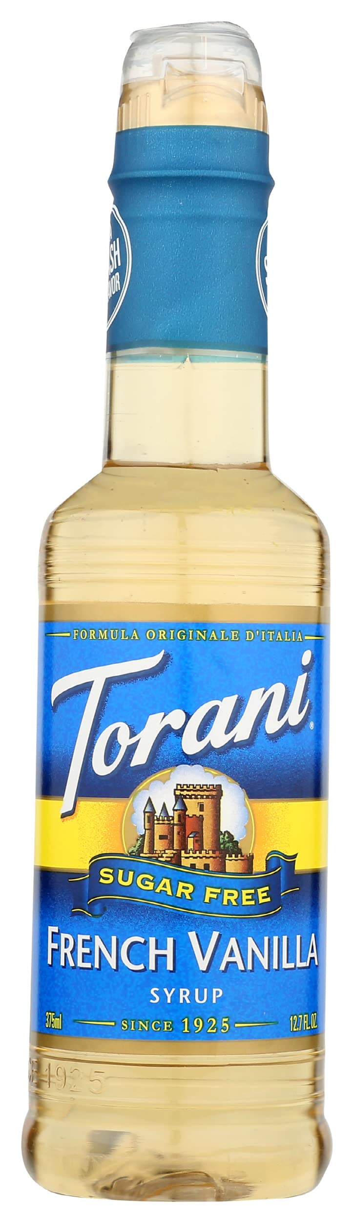 Torani sugar free french vanilla front packaging shows clear label and portion control