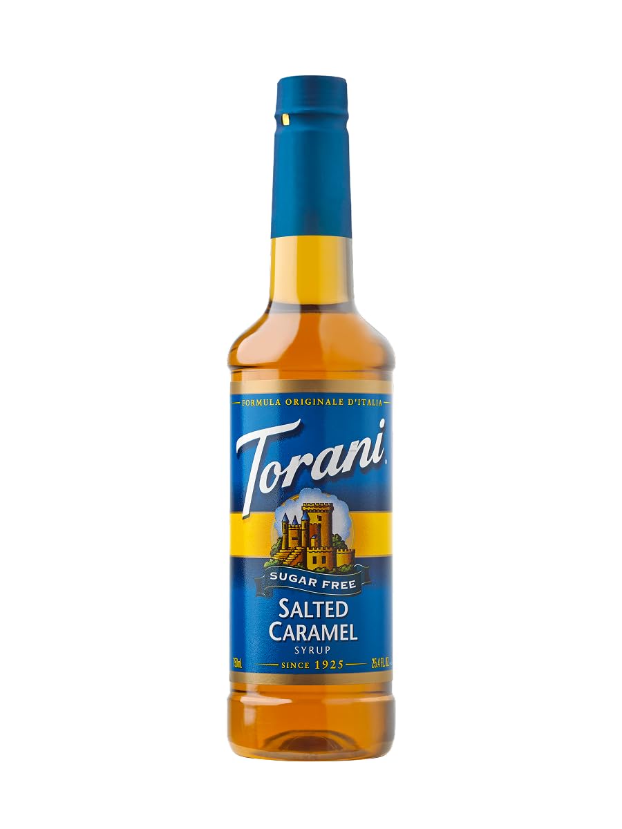 Torani front bottle showing salted caramel label and convenient pour cap